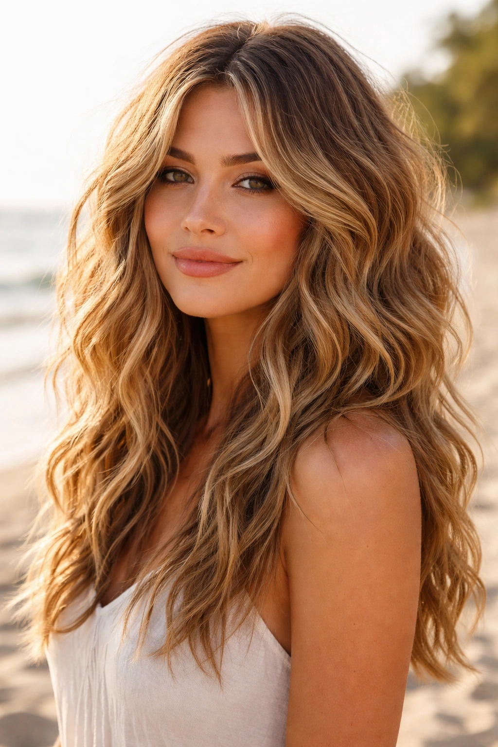 Textured beachy waves with layered pieces in sunlit light
