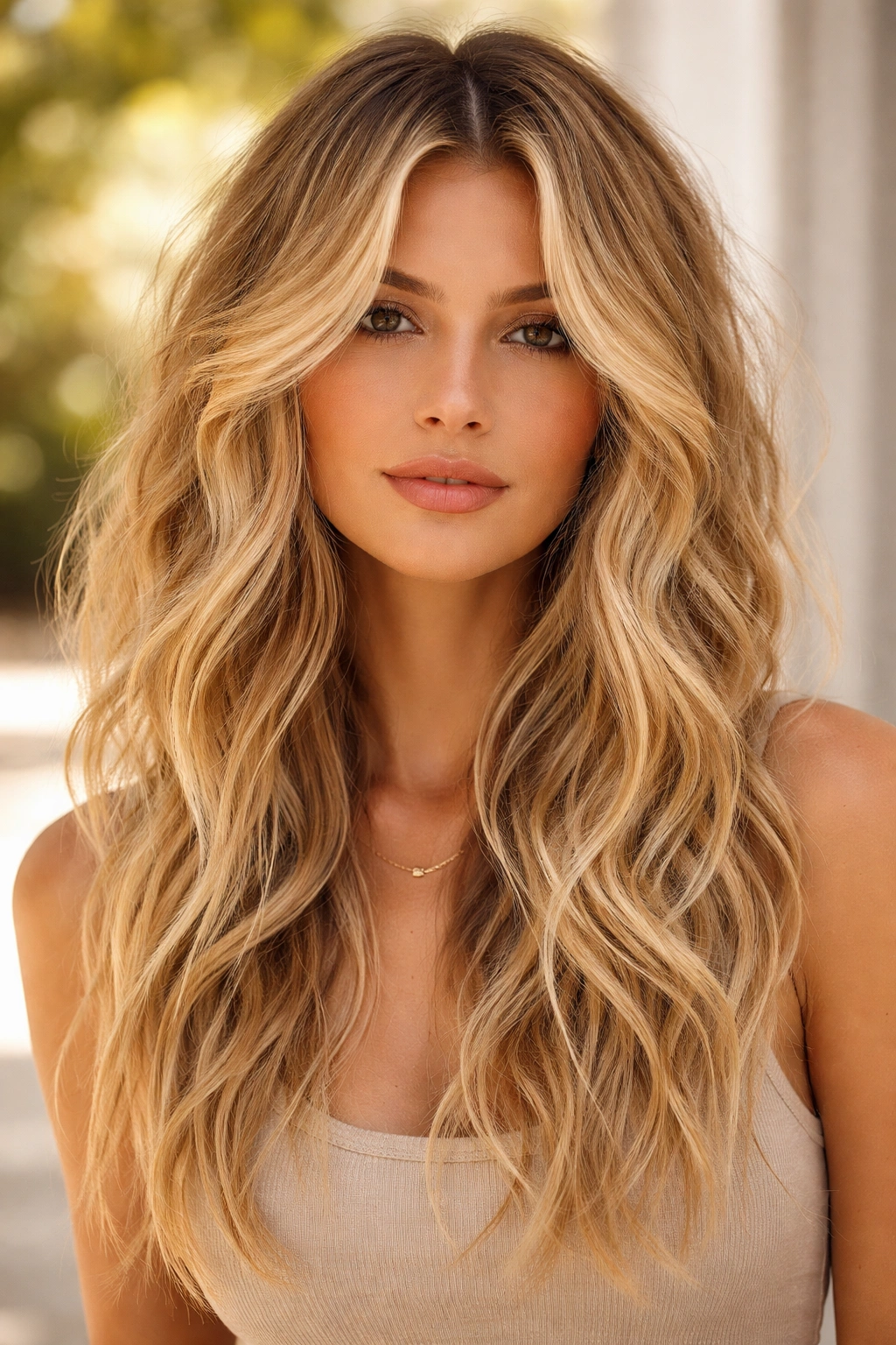 Beachy blonde waves with choppy underneath layers.