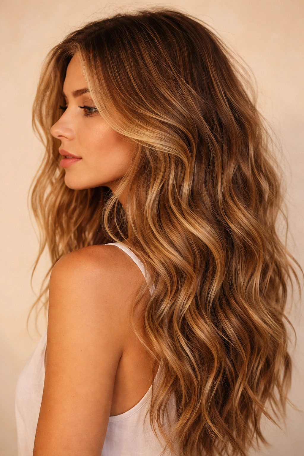 Beachy caramel waves with undone texture and sun-kissed color