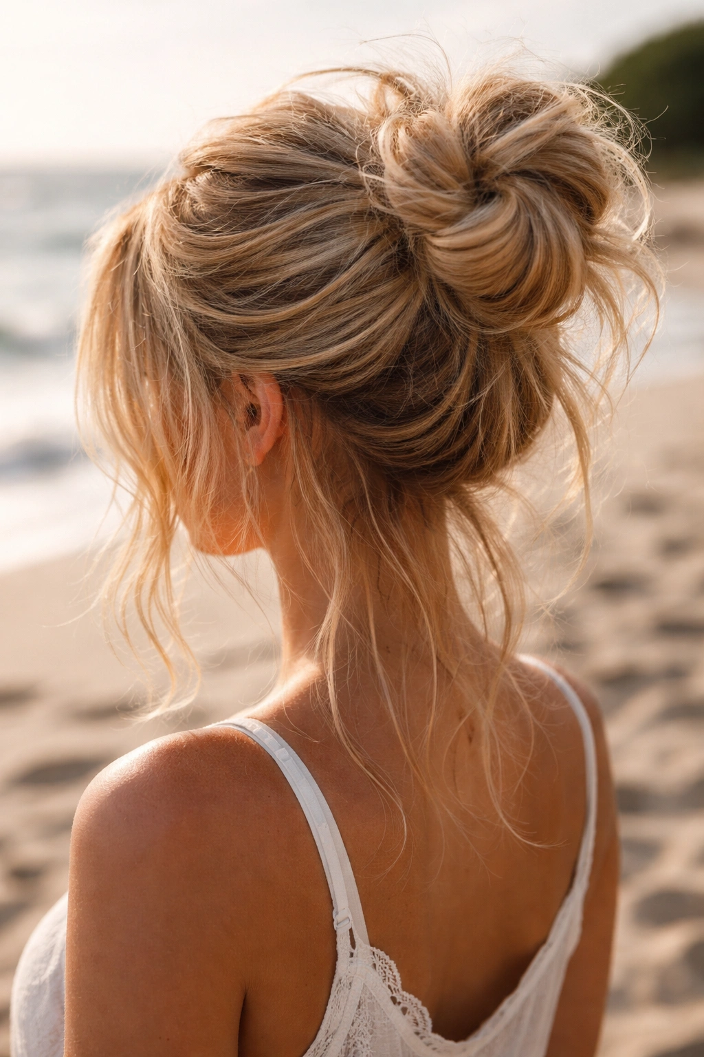 Close-up of layered beachy messy bun on blonde hair with sunlit texture