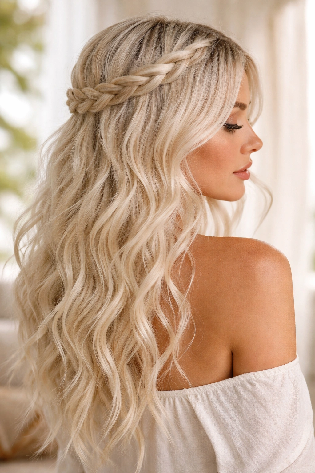 Platinum blonde beachy waves with a braided crown around the head