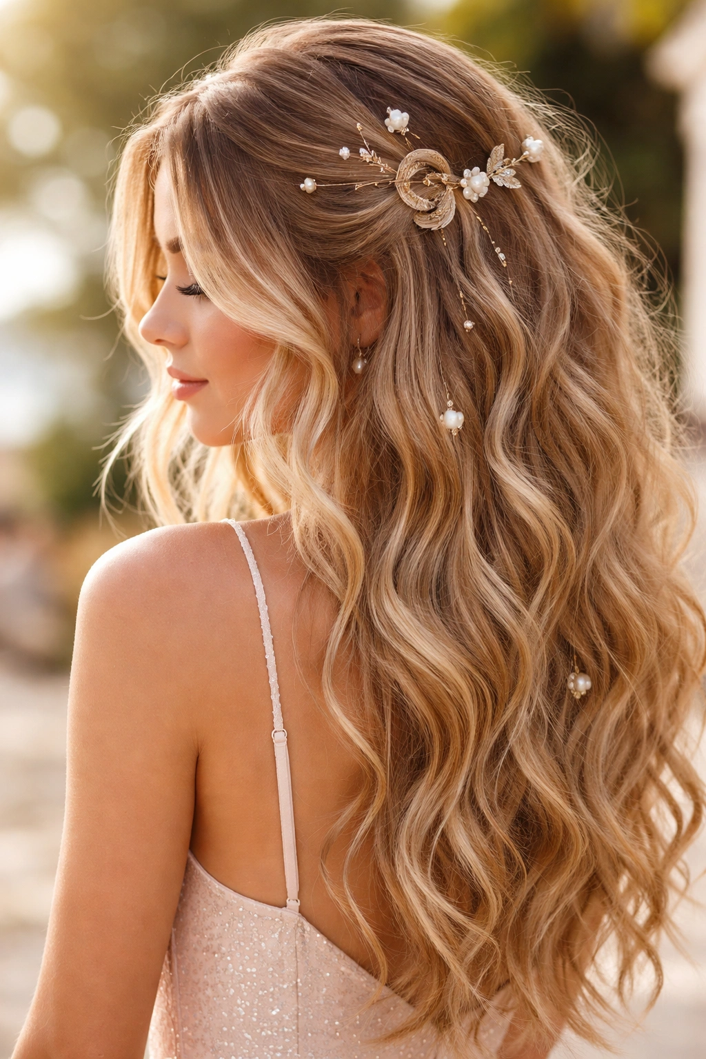 Beachy, loose waves with tiny pearl pins in hair