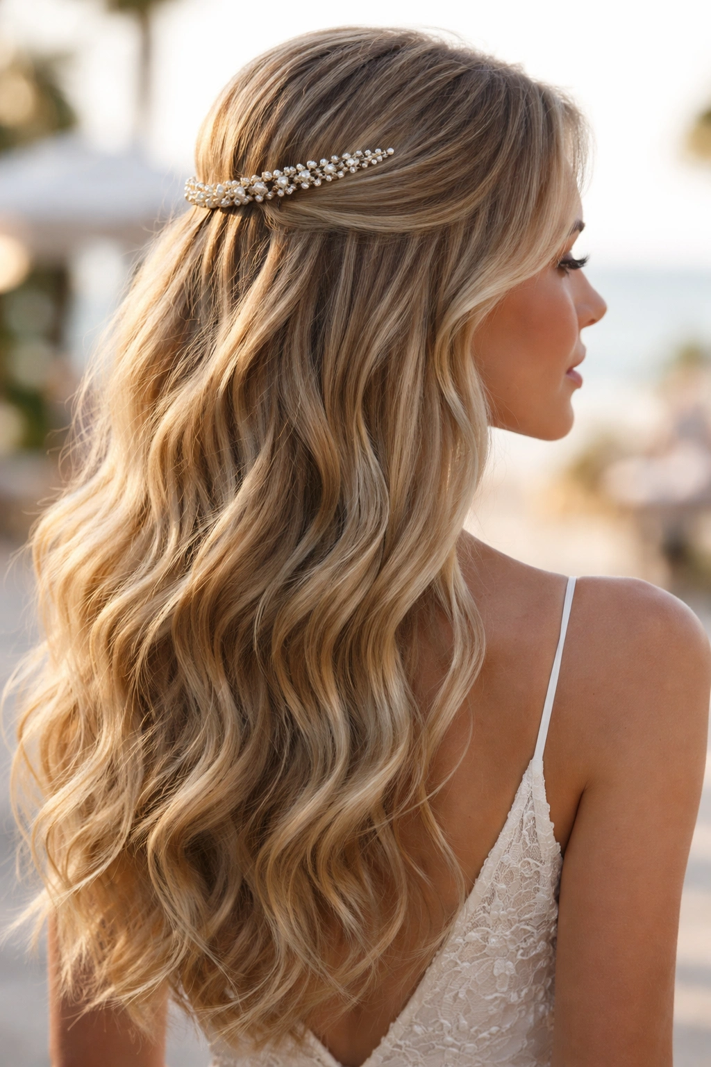 Beachy waves with a sleek accessory accent in formal hairstyle