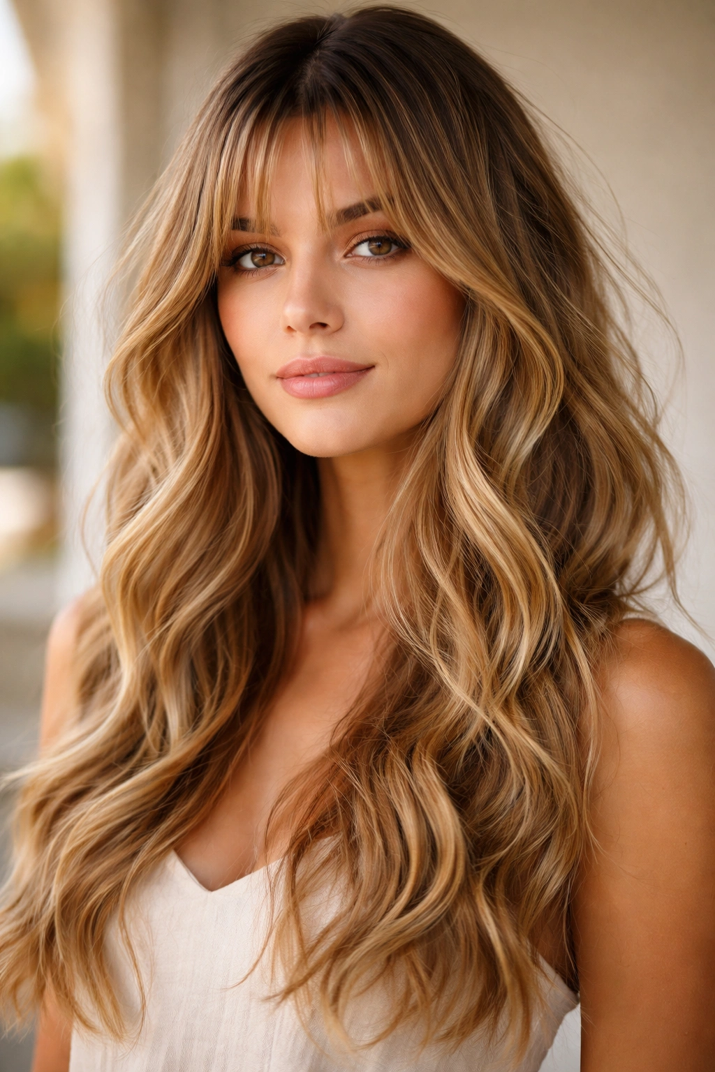 Portrait of a model with beachy waves and bifurcated wispy bangs, studio setting