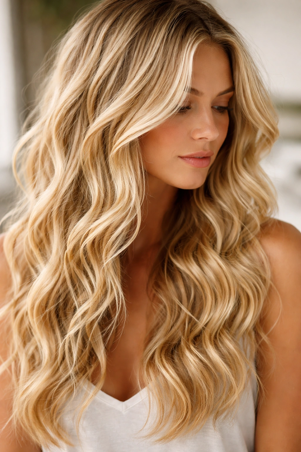 Close-up of sun-kissed blonde hair with loose beachy waves and natural texture