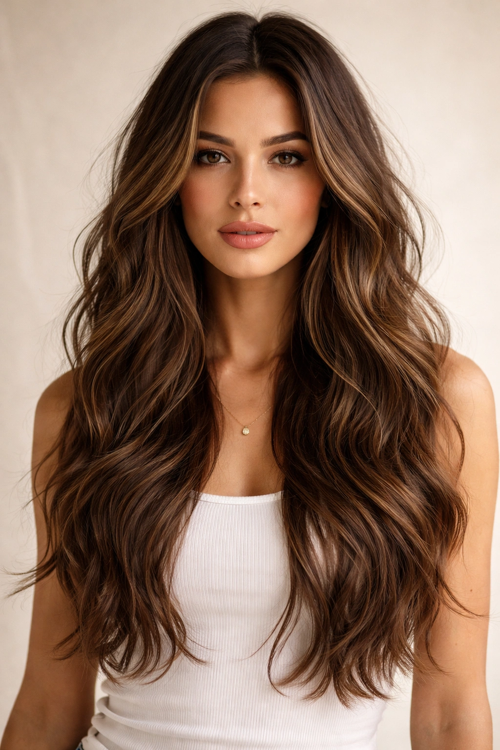 Close-up of brunette hair with beachy waves and subtle layers
