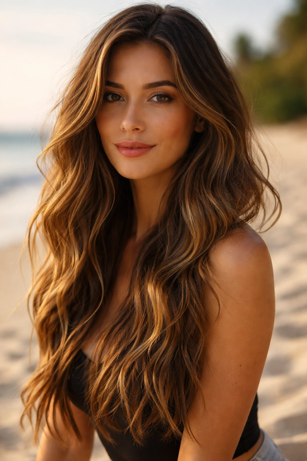 Brunette hair with loose beachy waves and sun-kissed ends in natural light