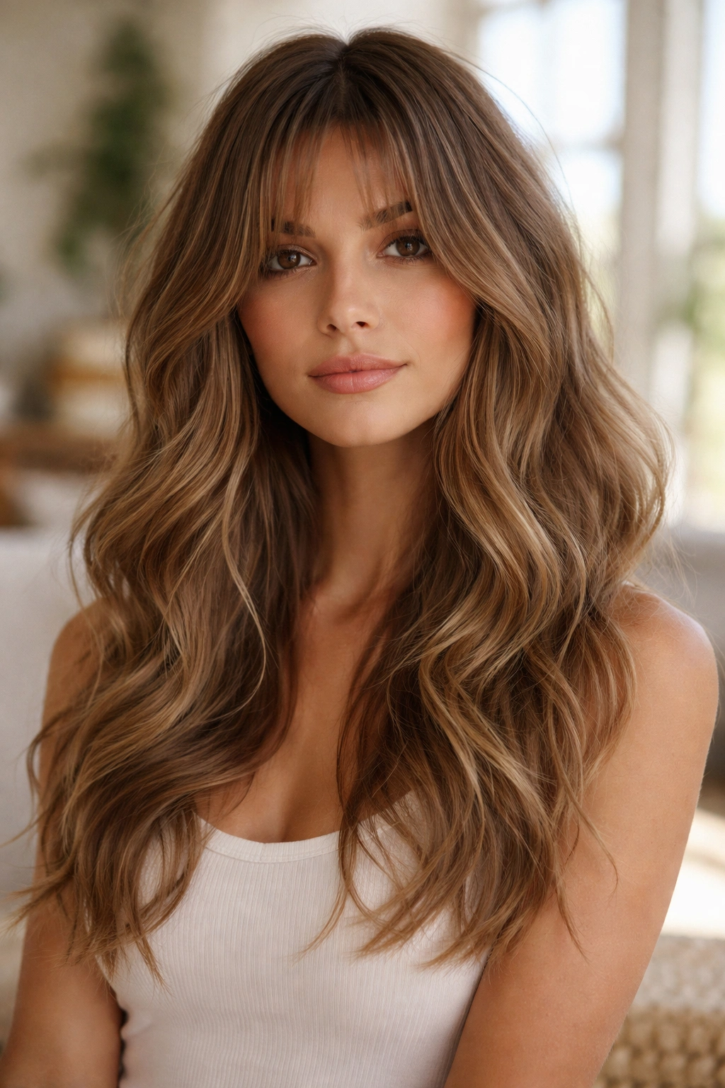 Portrait of a person with beachy waves and long curtain bangs