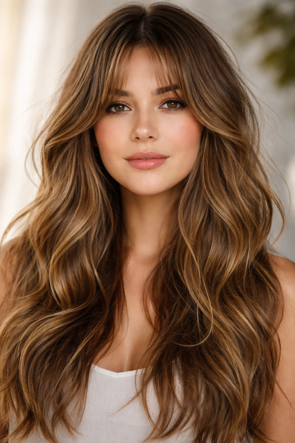 Model with curtain bangs and long beachy waves parted in the middle.