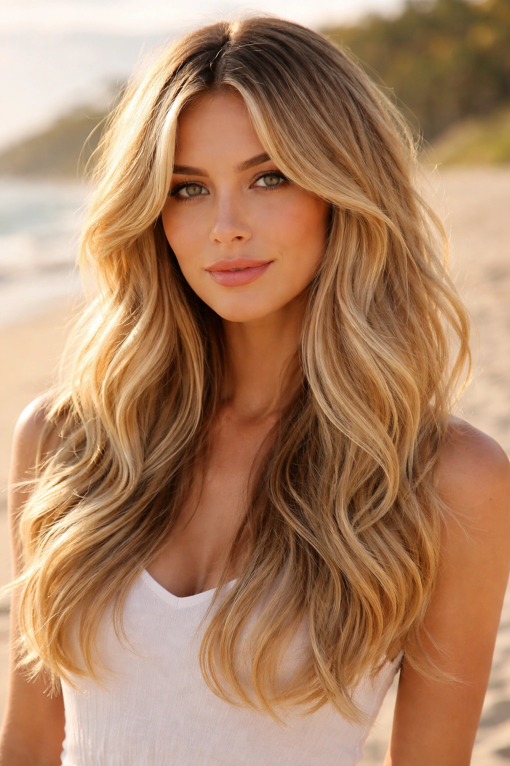 Close-up of blonde hair with curtain layers and loose waves