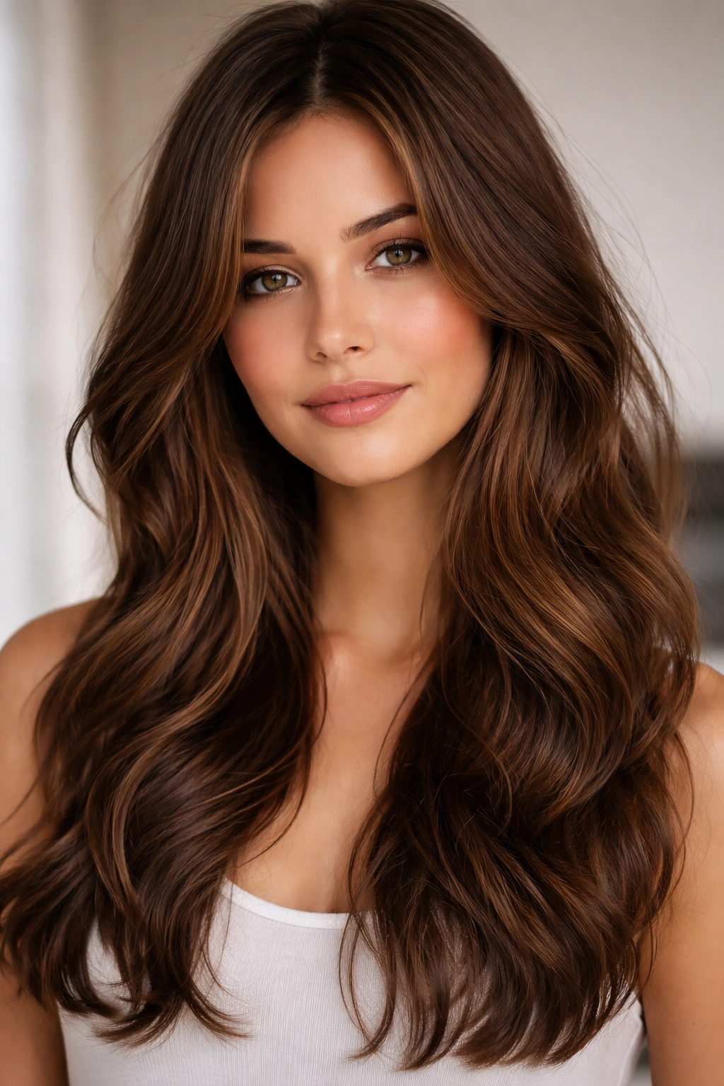 Chestnut hair with beachy waves and face-framing layers