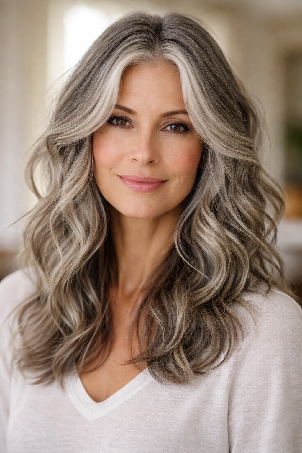 Beachy waves with face-framing pieces in gray hair around the cheeks