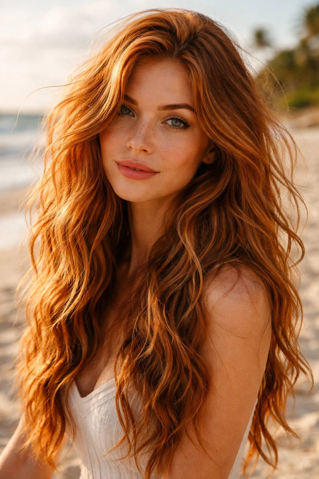 Ginger beachy waves with natural texture and sunlight highlights