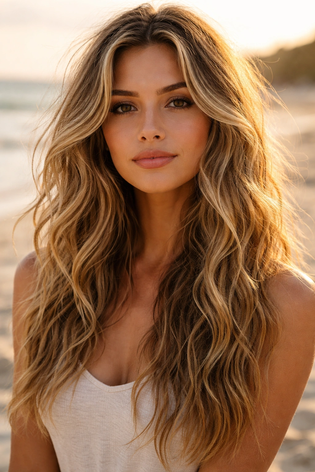 Close-up of sun-kissed beachy waves with natural texture