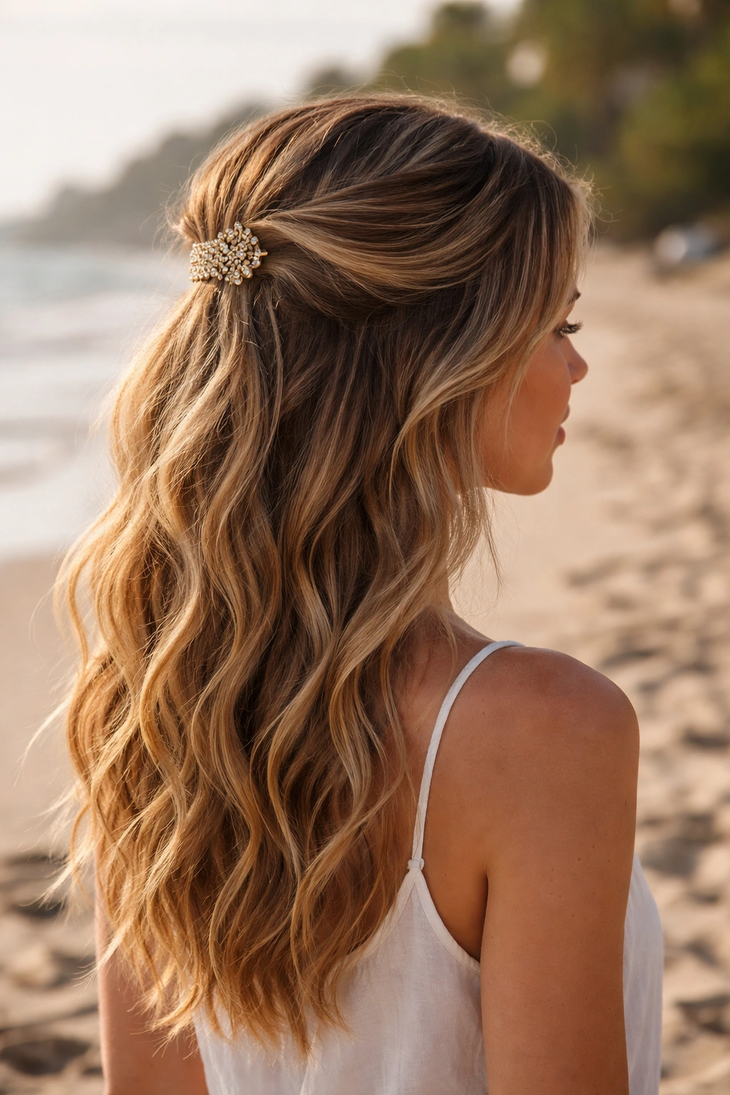 Side view of beachy waves half-up with top section clipped at crown and waves flowing