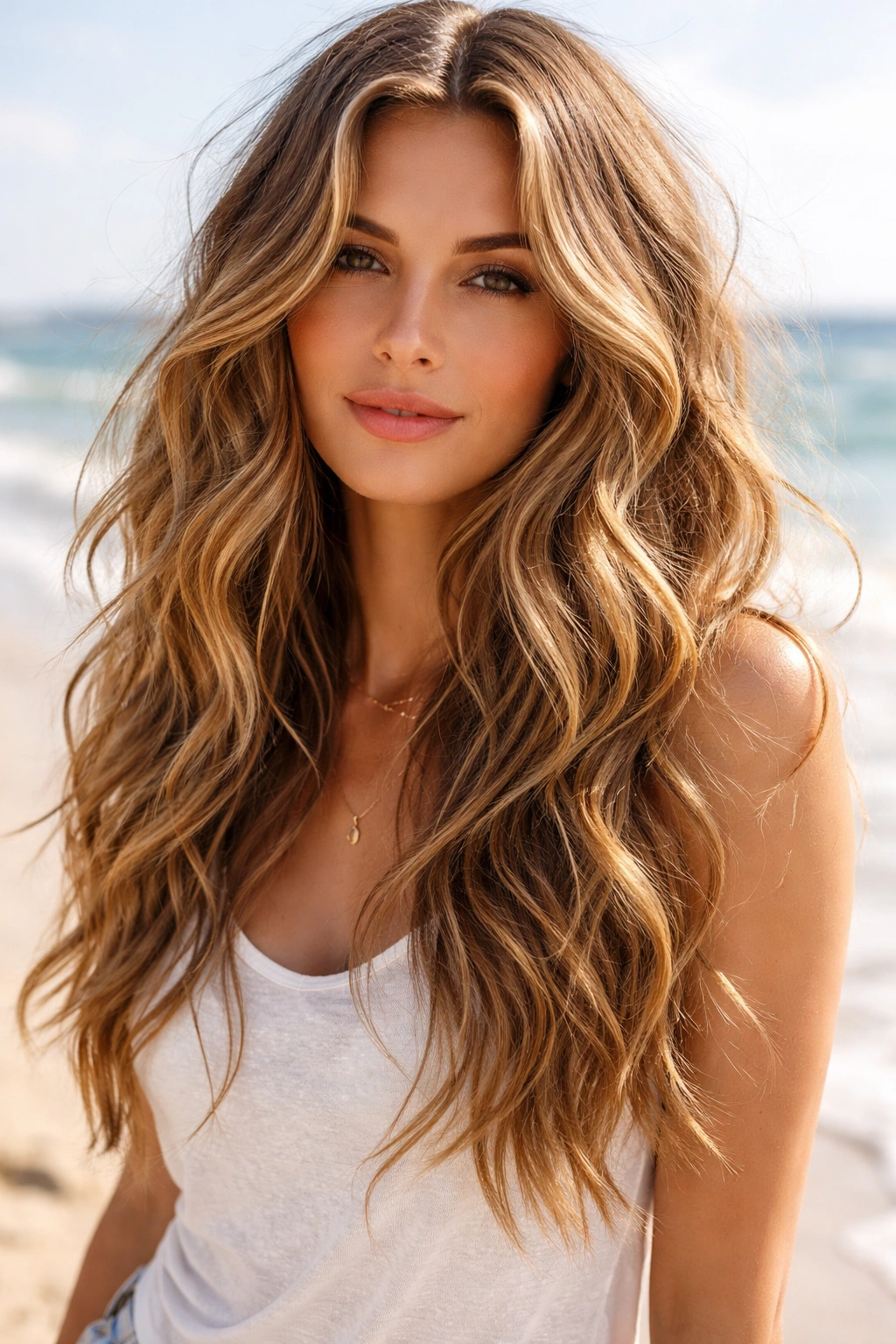 Model with beachy waves and sun-kissed dimensional highlights catching light