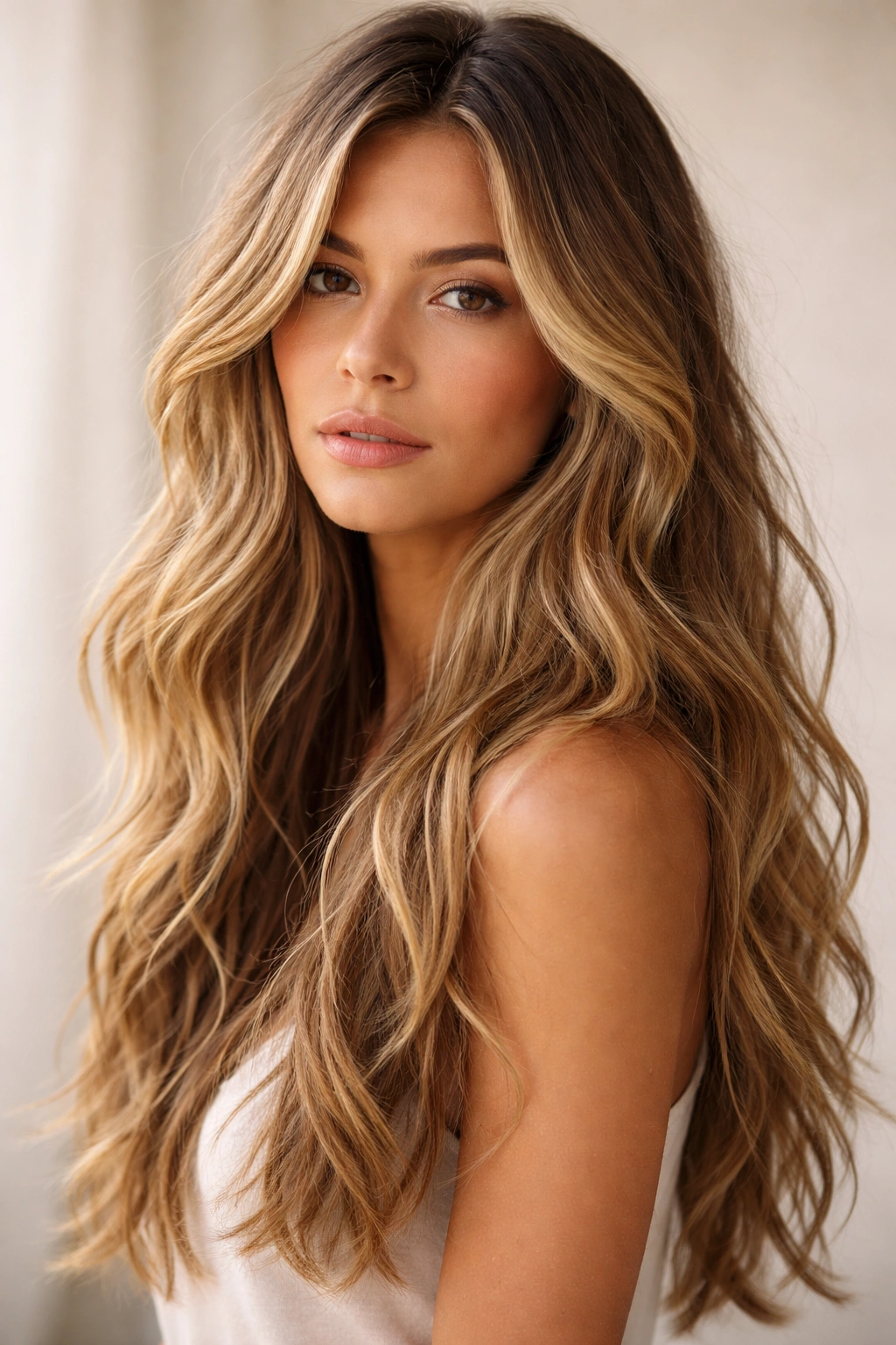 Long hair with beachy waves and layered ends