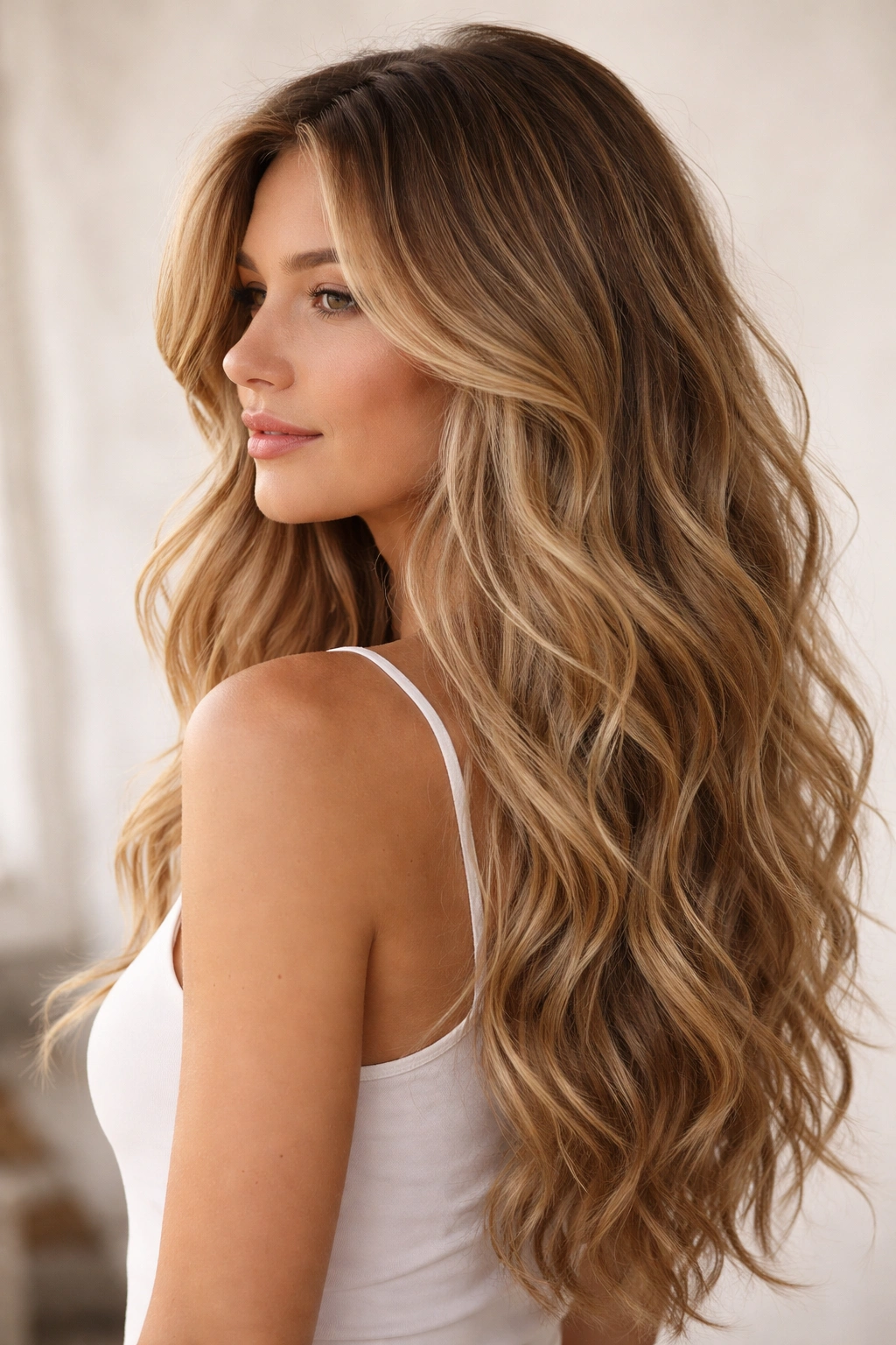 Long wavy hair with beachy layers creating visible waves and movement