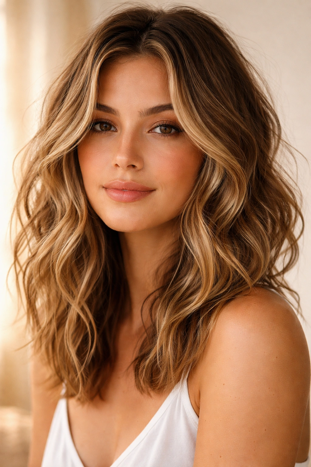 Close-up of medium-length hair with loose beachy waves and sun-kissed texture