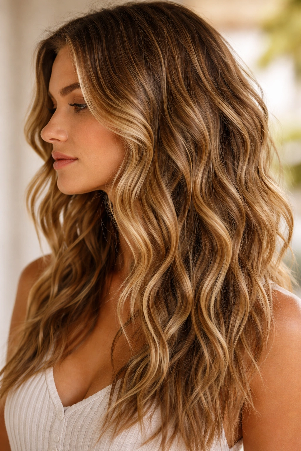 Beachy textured waves with moisture-lock shine on hair.