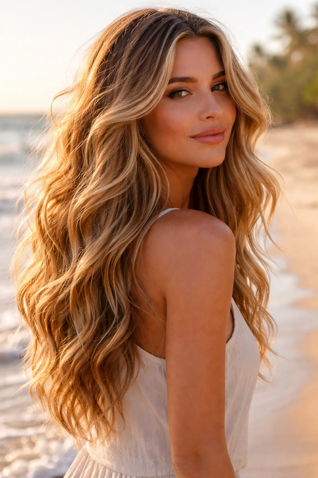 Close-up of a model with long beachy waves and subtle face-framing layers in warm sunlight