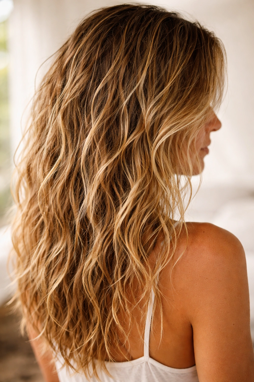 Close-up of textured beachy waves on hair with natural daylight