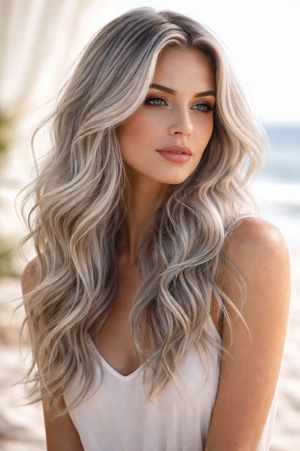 Silver hair with loose beachy waves in soft studio light