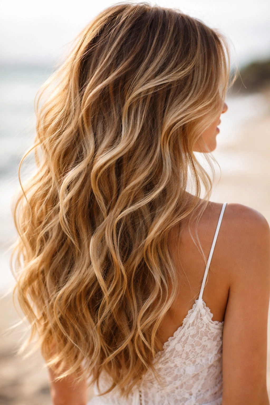 Close-up of textured beachy waves with sun-kissed highlights