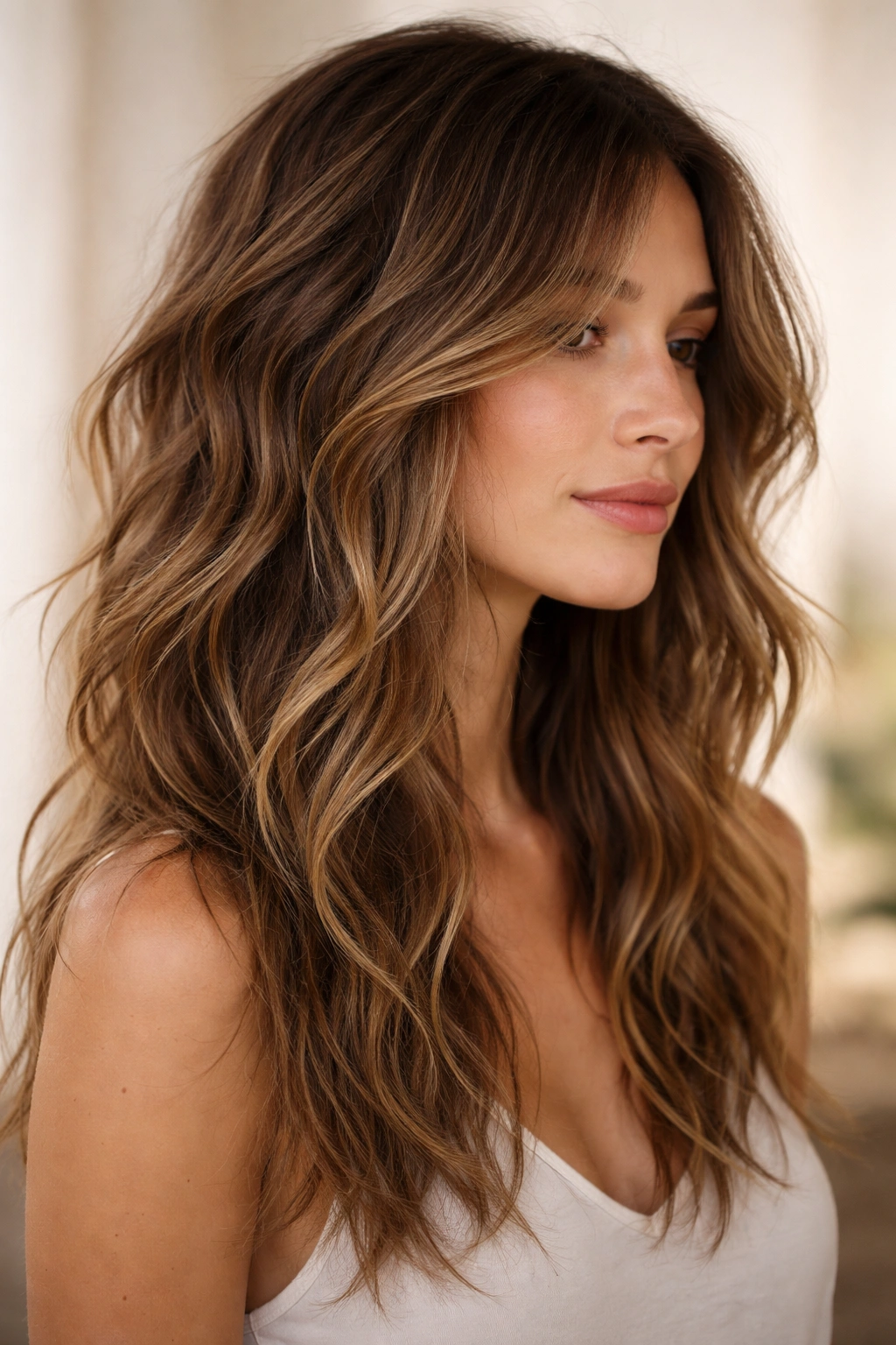 Beachy waves with textured layers in shoulder-length hair, air-dried look.