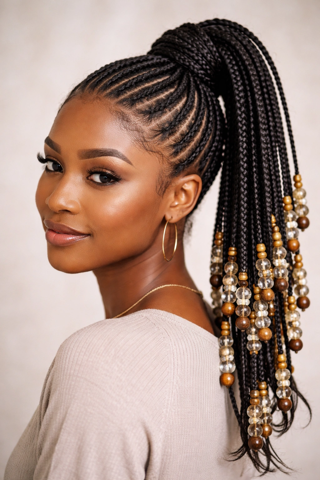 Close-up of beaded cornrows forming a high ponytail