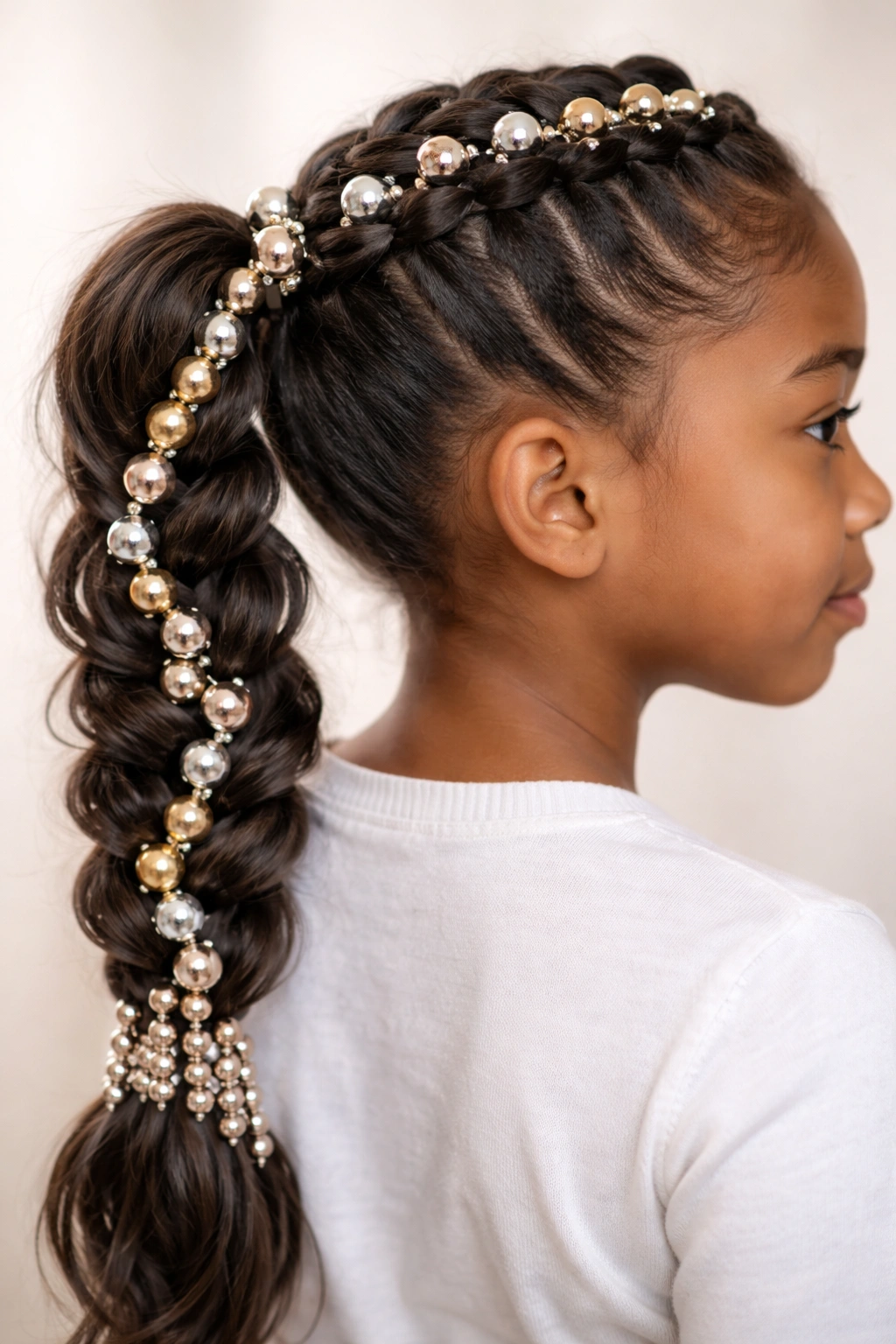 Close-up of a Dutch braid ponytail with metallic beads on each strand.
