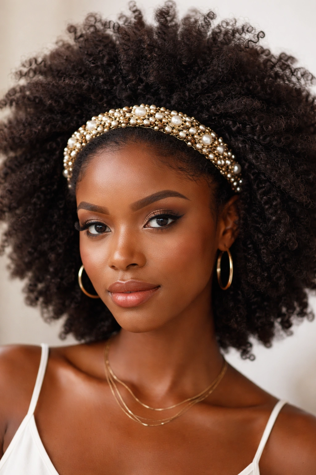 Beaded headband across forehead with afro hair
