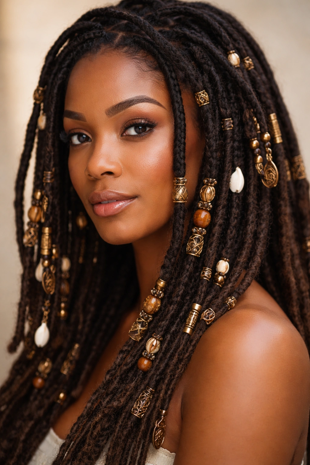 Close-up of Locs with Beads showing beads and cuffs along strands