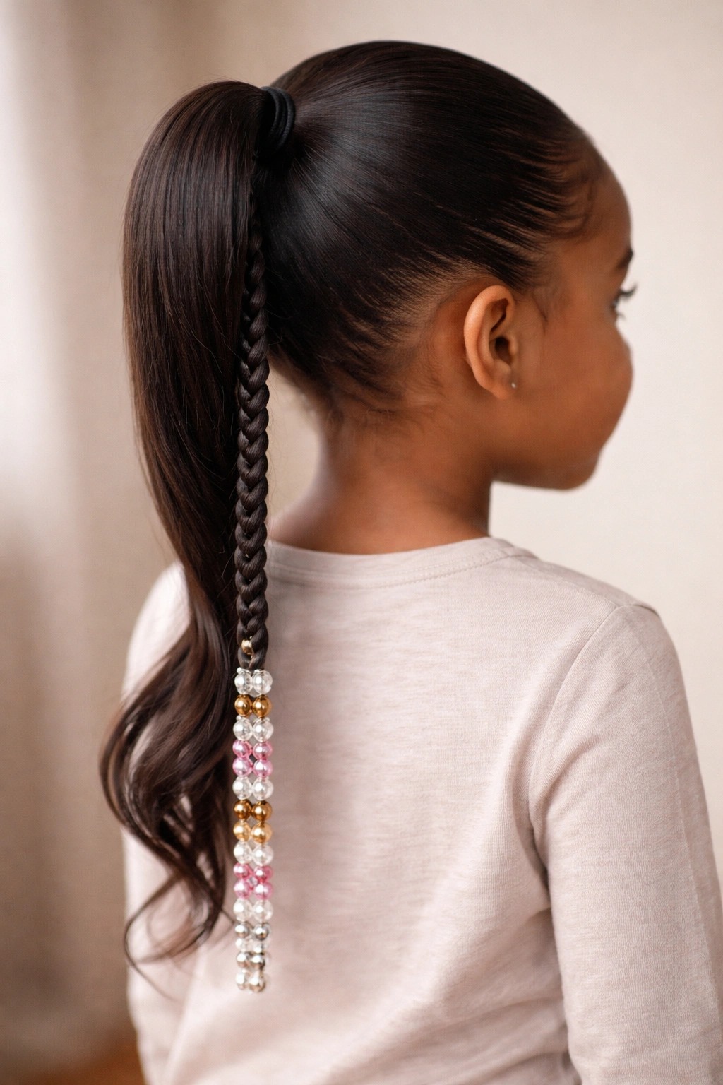 Close-up of a child's beaded single-braid ponytail with beads along the braid