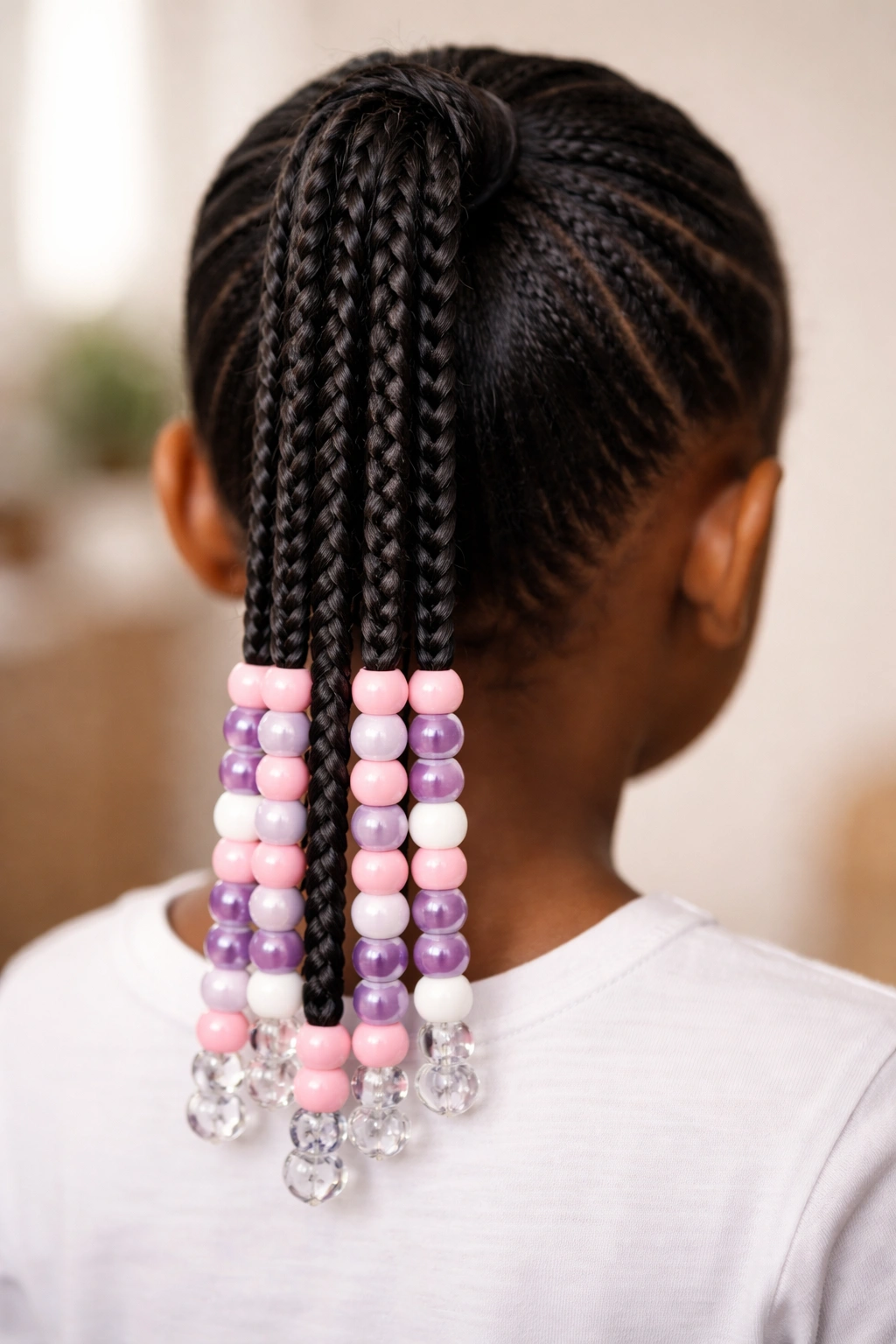 Close-up of a neatly styled beaded ponytail base with evenly spaced beads.