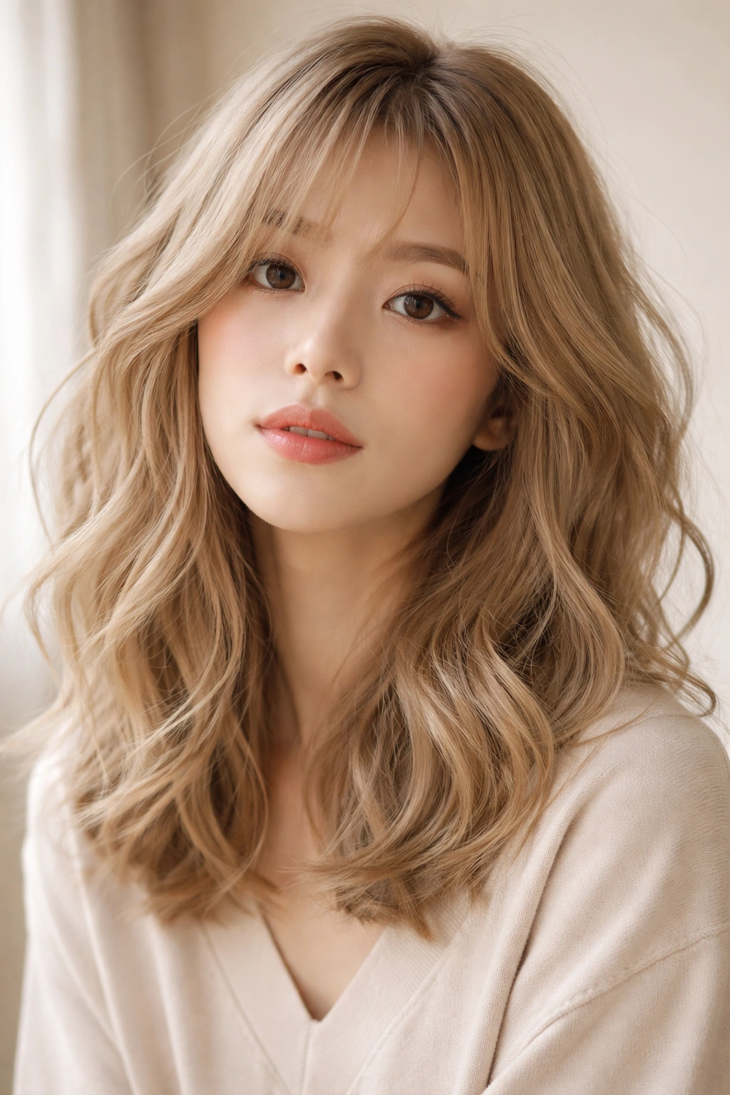 Beige-blonde hair with casual tousled waves and natural root shadow