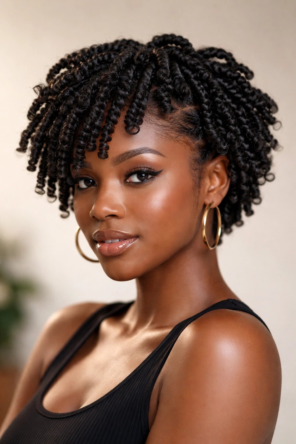 Close-up of short afro with Bermuda twists featuring looped spirals
