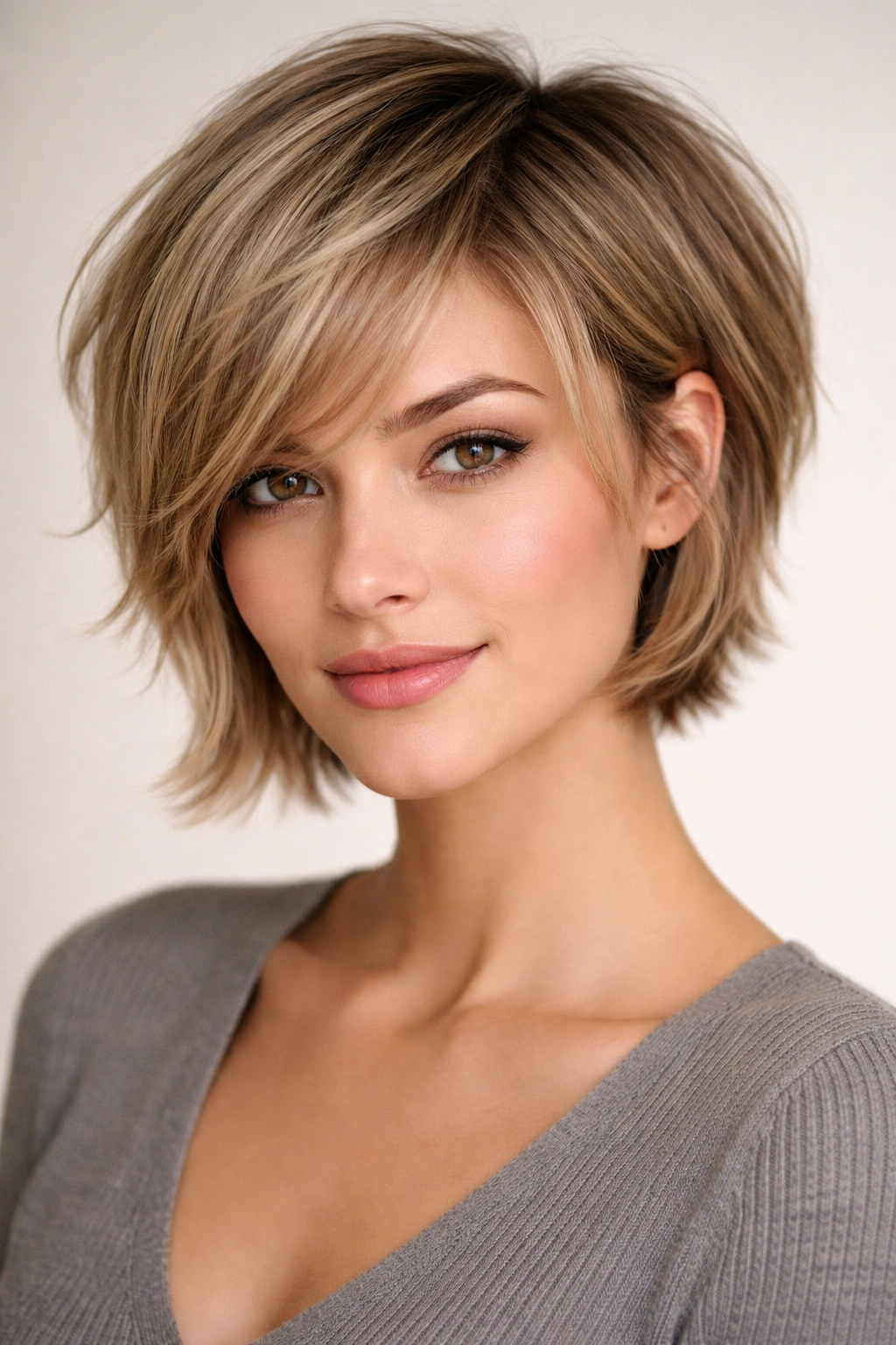 Bixie hairstyle with chin-length front and shorter sides and back