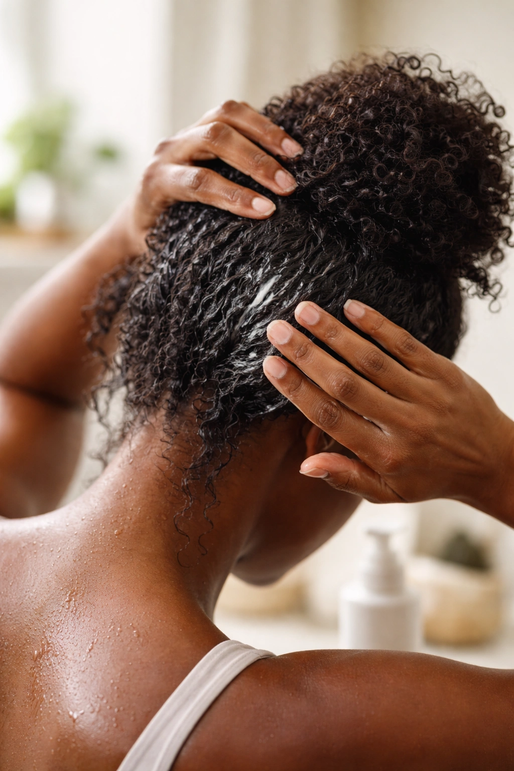 Close-up of textured Black hair being prepped for a messy bun with hands applying product.