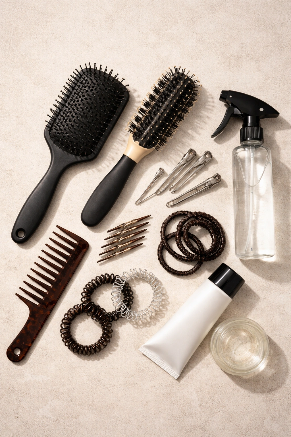 Flat lay of unlabeled hair tools and products for Black hair on a neutral surface.