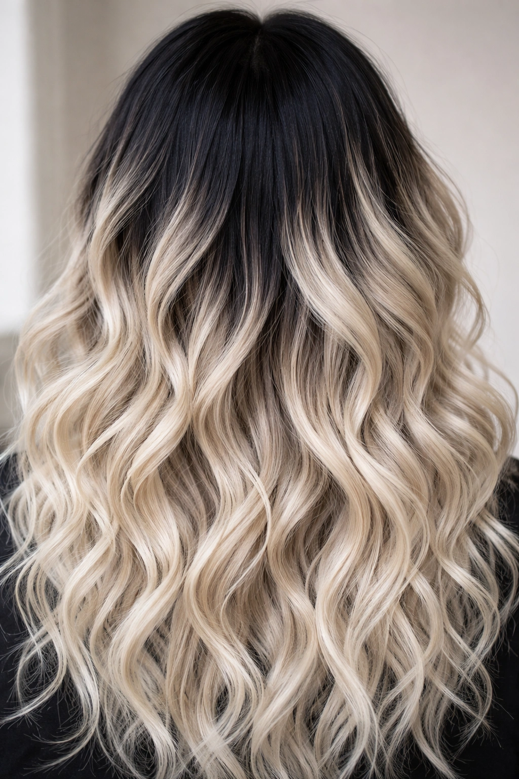 Waves with black roots fading to platinum ends in high-contrast ombre