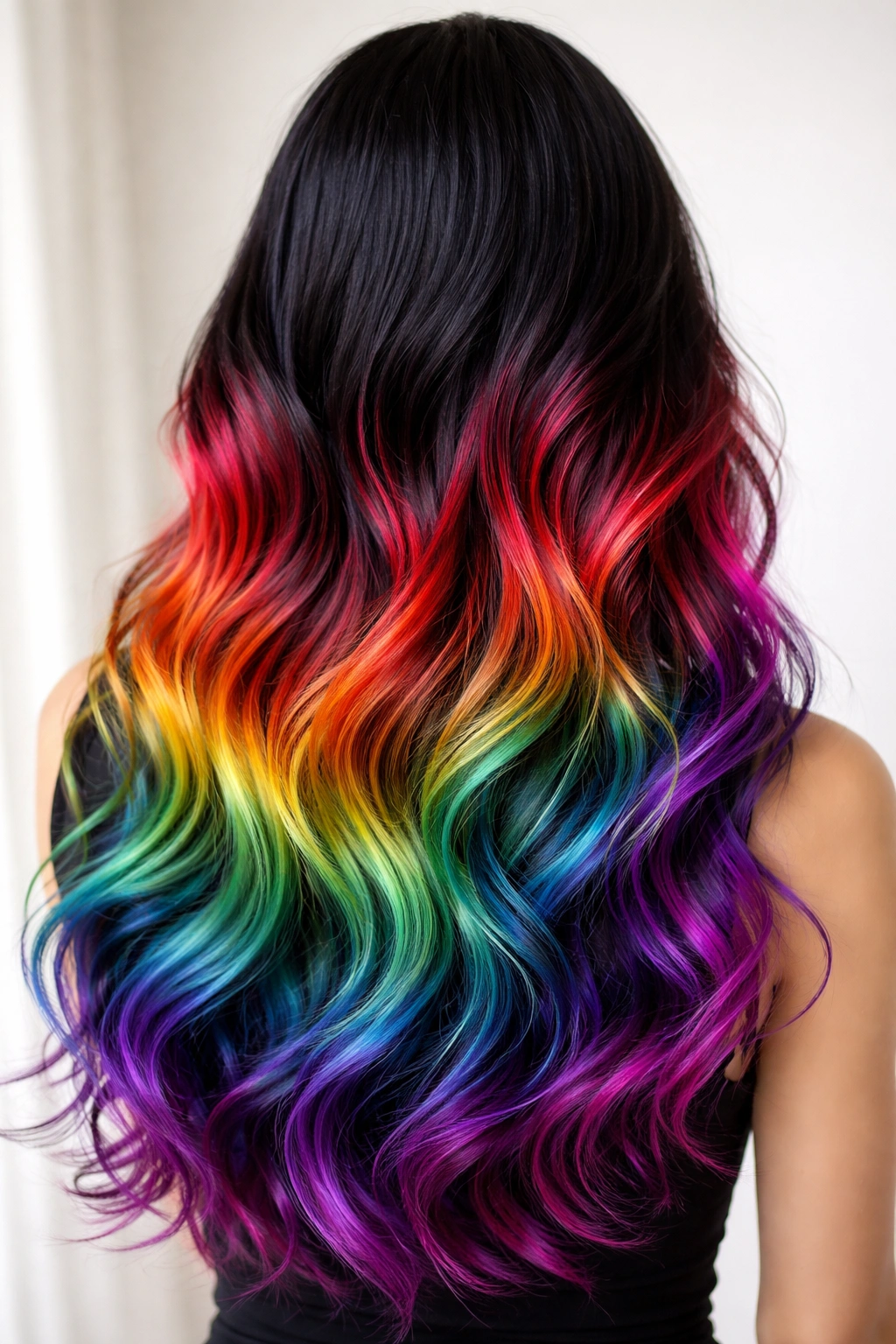 Vivid rainbow ombre on black-rooted, wavy hair