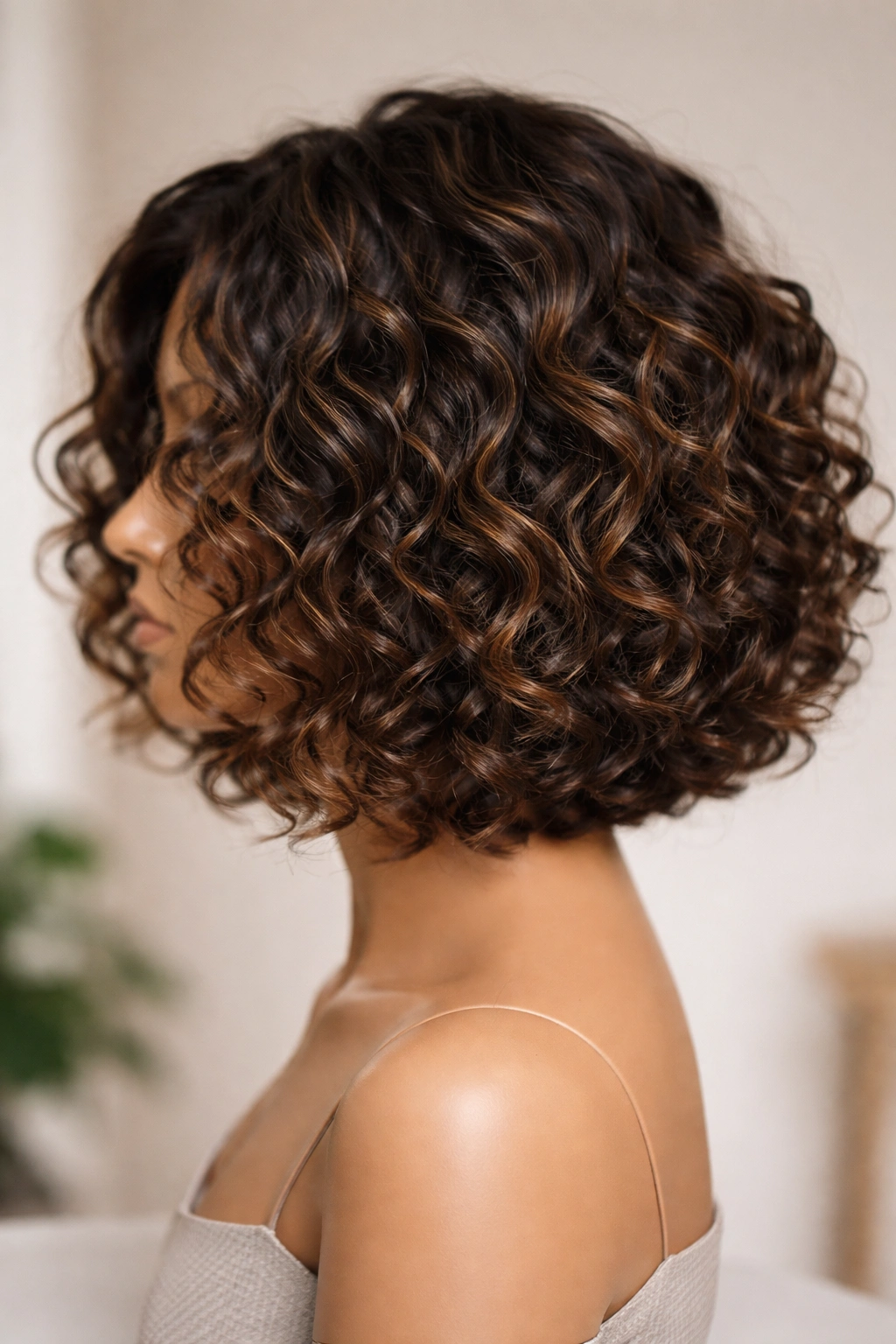Close-up of a blended length curl wig with varying curl lengths