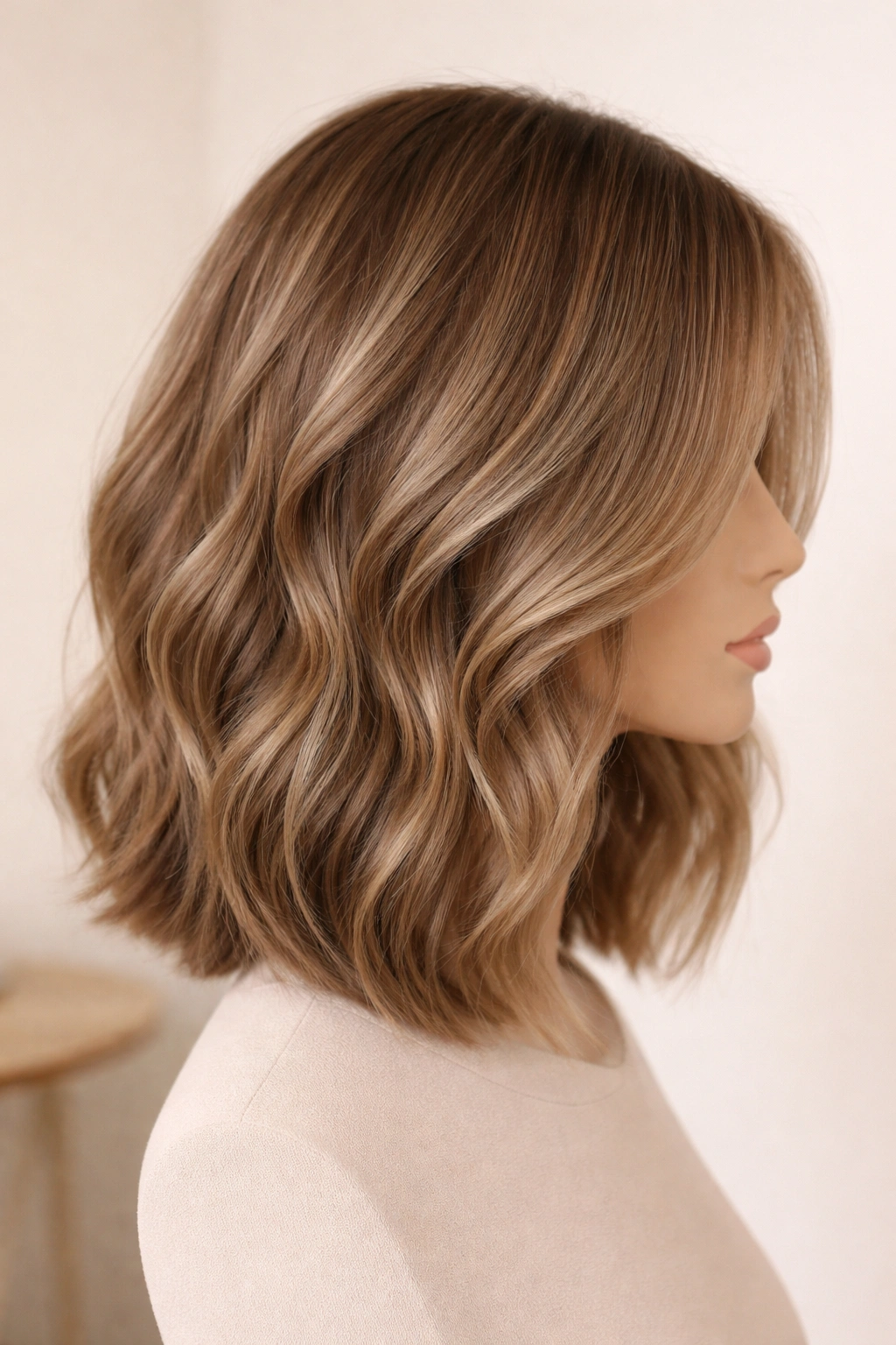 Blended lob with subtle waves on a mannequin head showing seamless length transitions.