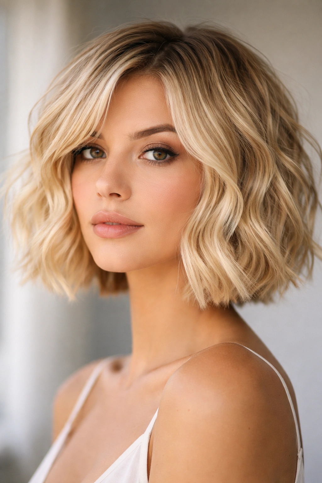 Choppy blonde bob with uneven ends and natural waves.