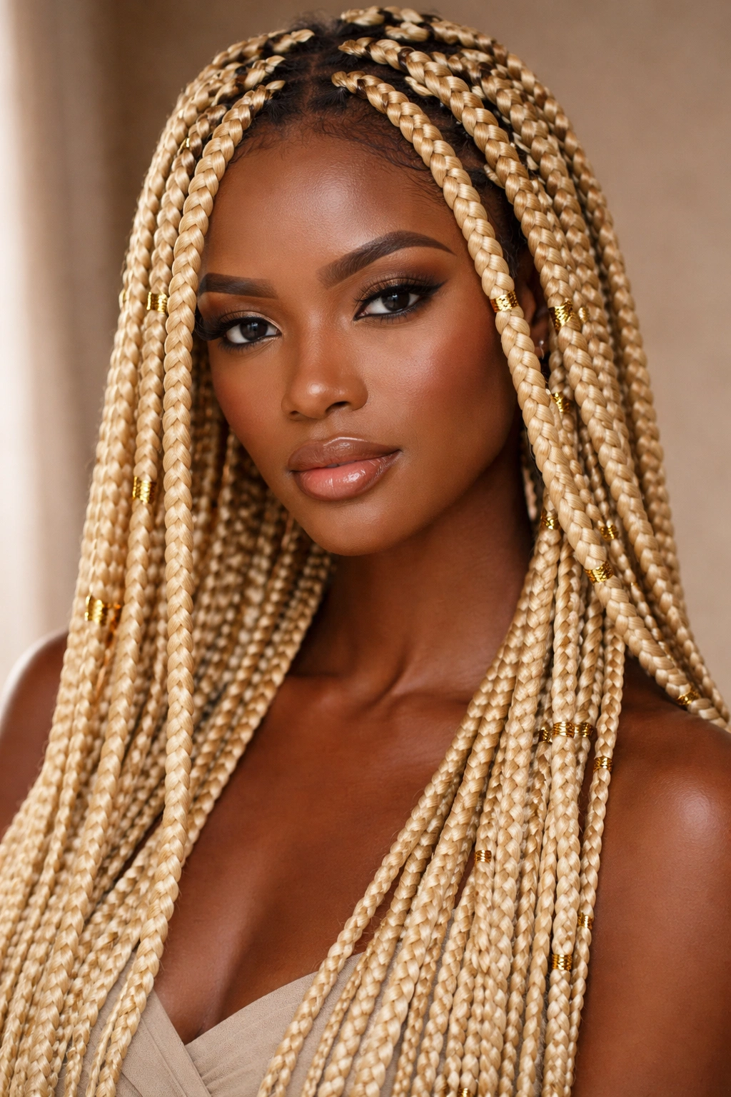 Close-up of blonde box braids with gold accents in a studio portrait