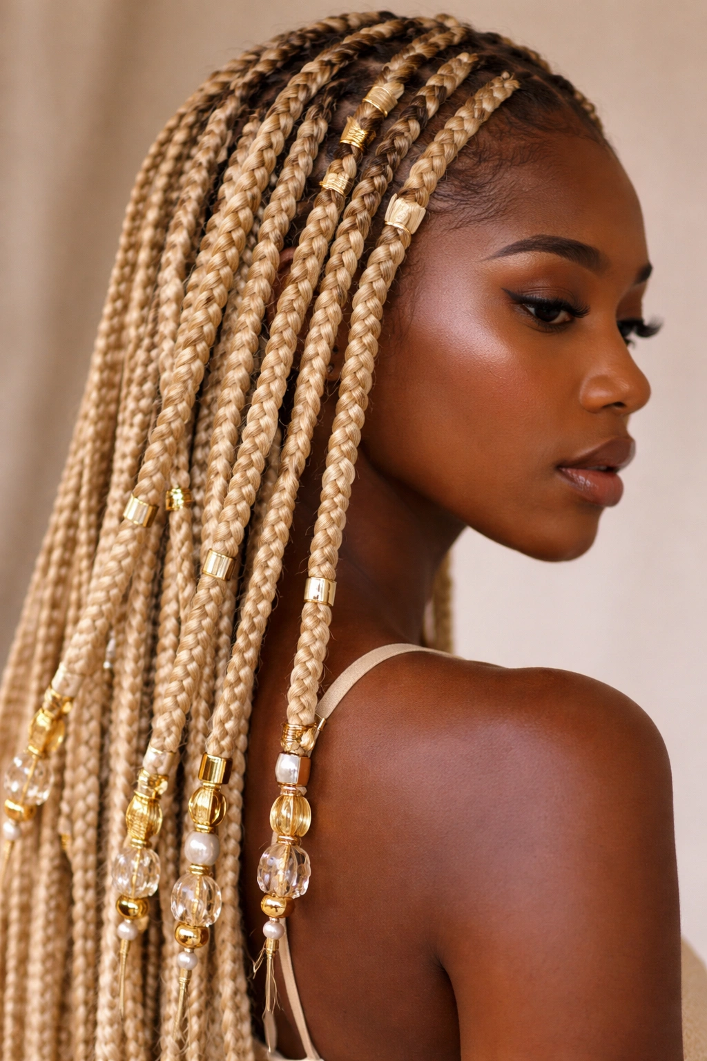 Beaded blonde braids with gold cuffs catching light