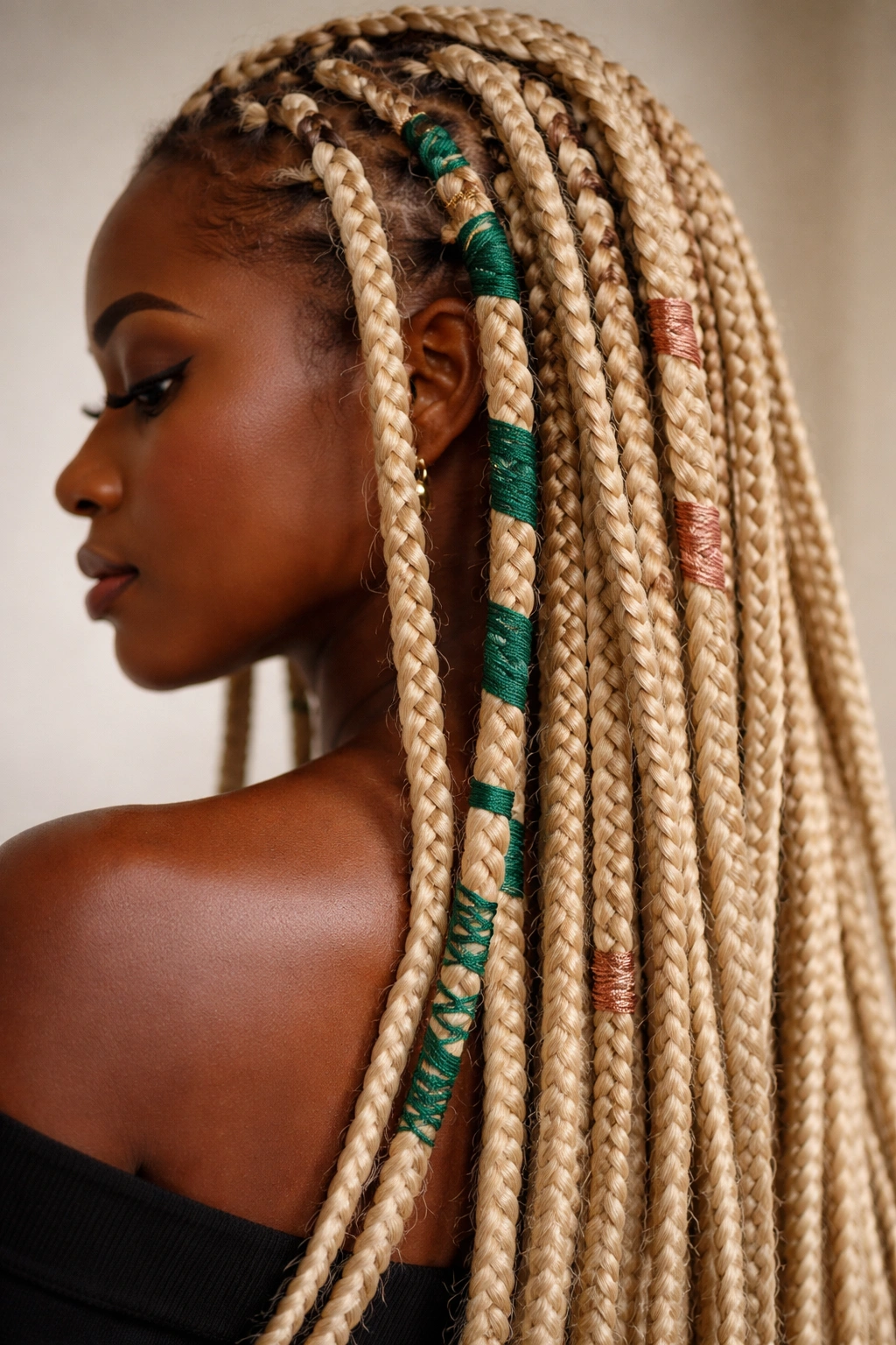 Blonde braids with emerald thread accents and rose gold threads on select braids