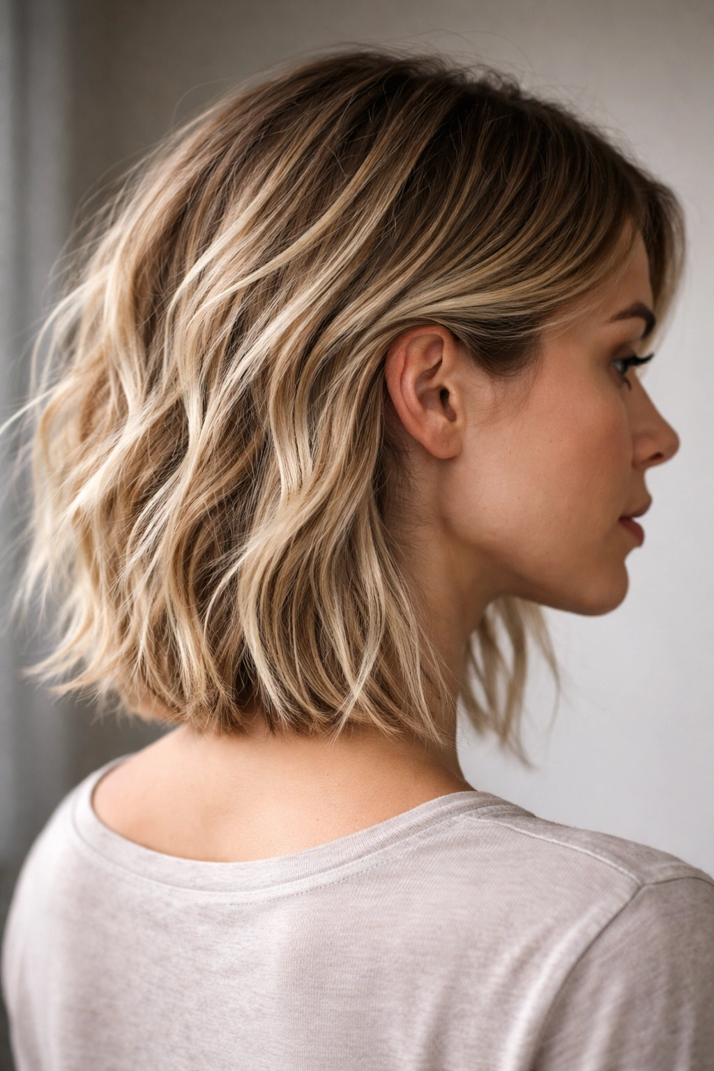 Blonde choppy lob with undercut texture.