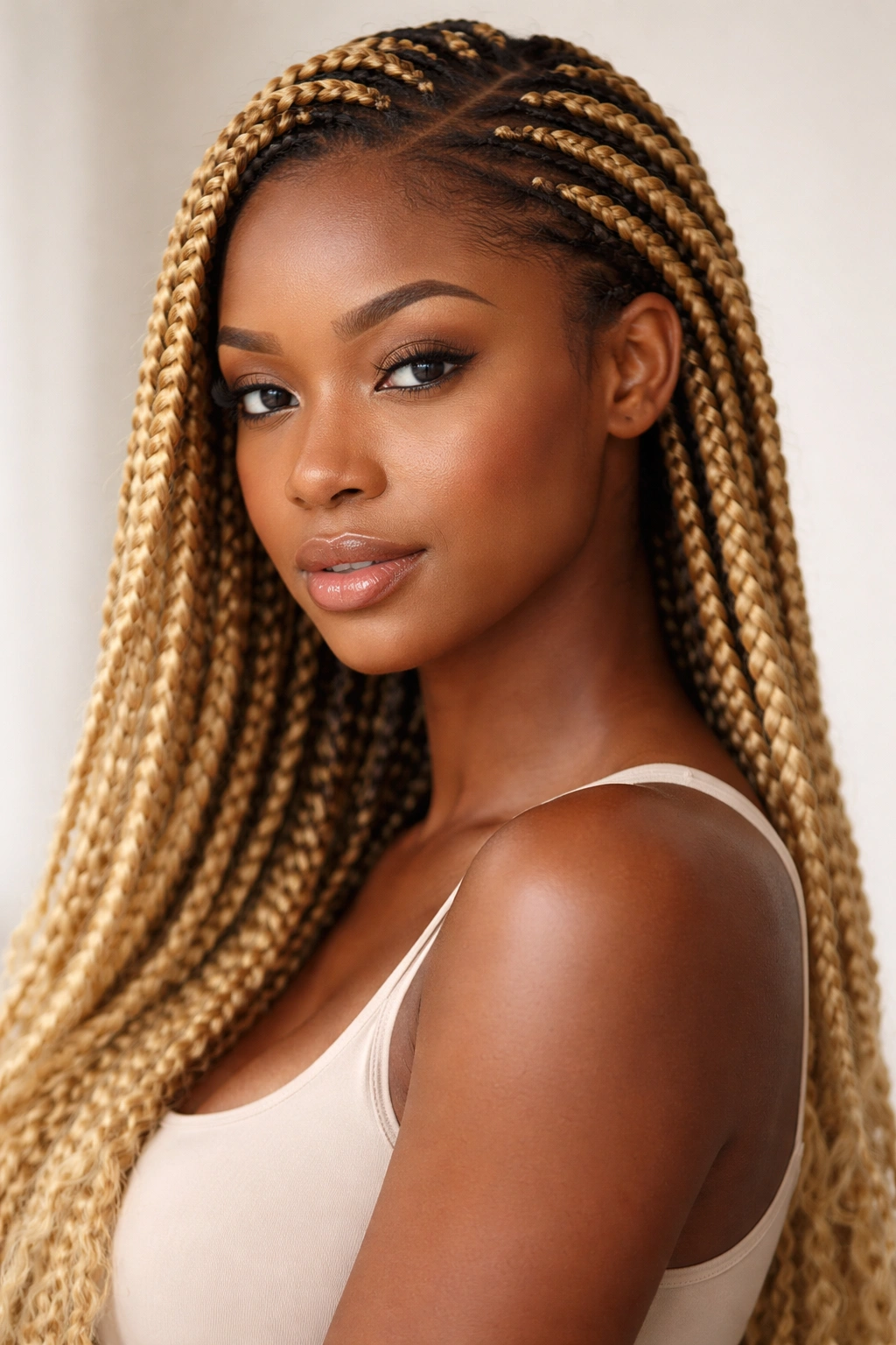 Feed-in braids blending softly into natural hairline in blonde